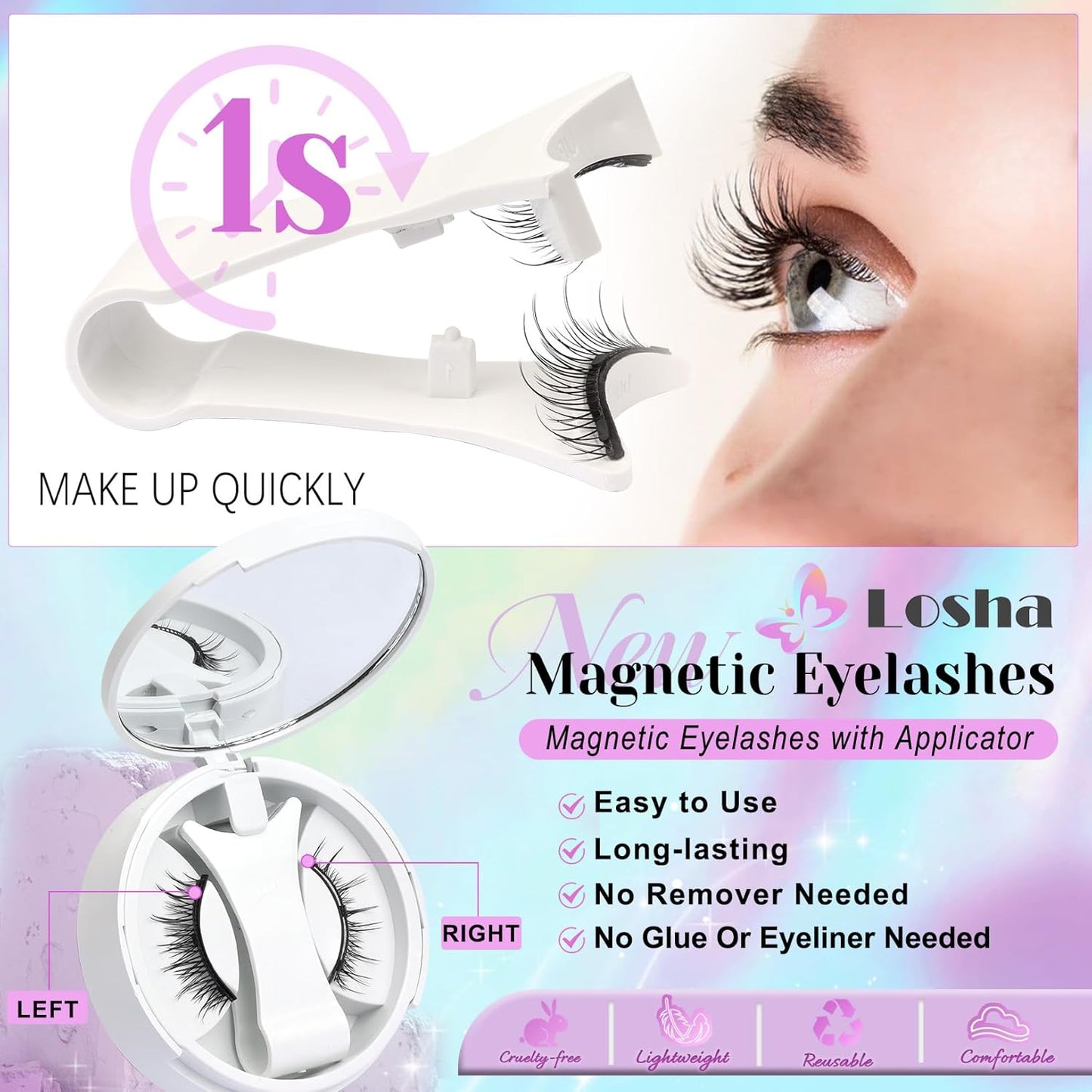 Losha Magnetic Eyelashes with Applicator Reusable No Glue Needed Magnetic Lashes Natural Look 1 Pair Wispy False Eyelashes without Eyeliner (Magical)