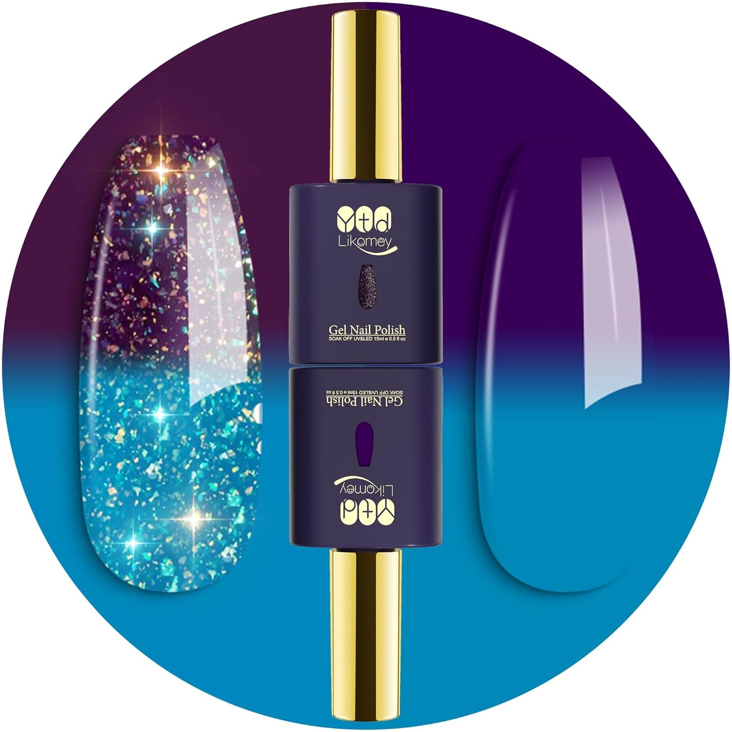 YTD Likomey Color Changing Gel Nail Polish 2 Pcs Set,15ml Turquoise To Dark Purple Color and Glitter Nails Gel Kit,Thermal Ombre Change Colors Salon Manicure Fall Winter UV Nail Varnish,WB2-6