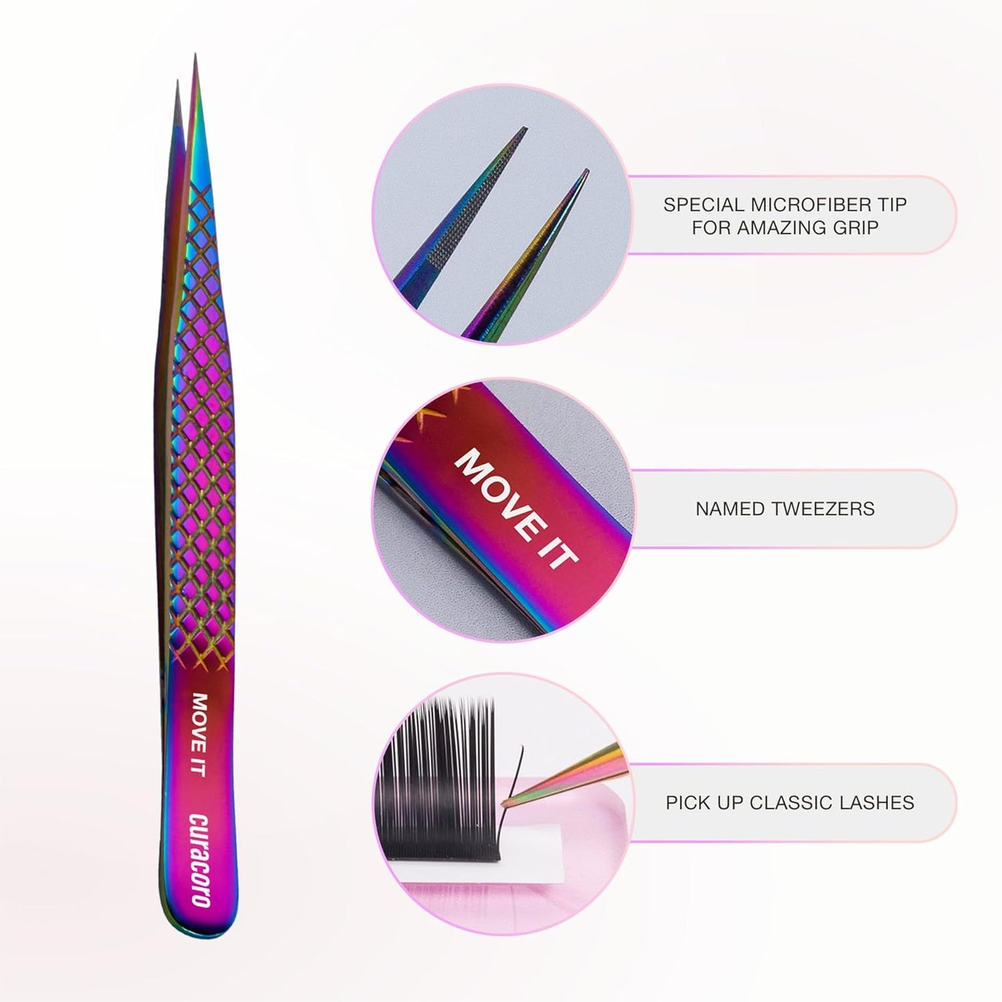 Curacoro Lash Tweezer - Professional & Precision Fiber Tip Grip Lash Tweezers for Eyelash Extensions, Multi Shapes & Purposes Tweezers for Volume, Isolation & Classic Lashes (Galaxy, Move It)
