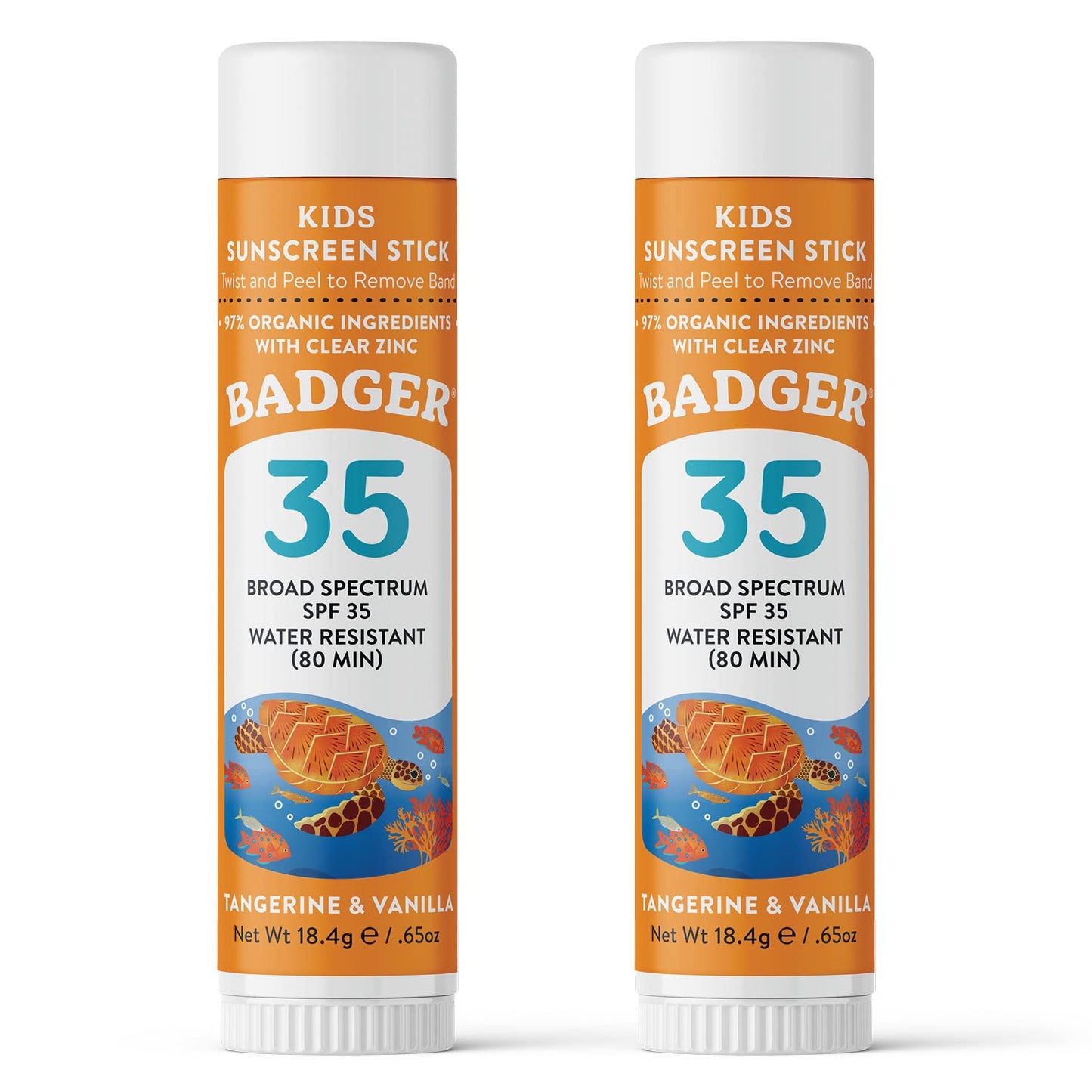 Badger Mineral Kids Sunscreen Face Stick SPF 35, Zinc Oxide Travel Size Sunscreen Stick for Kids, 97% Organic Ingredients, Reef Safe, Water Resistant, .65 oz, 2-Pack