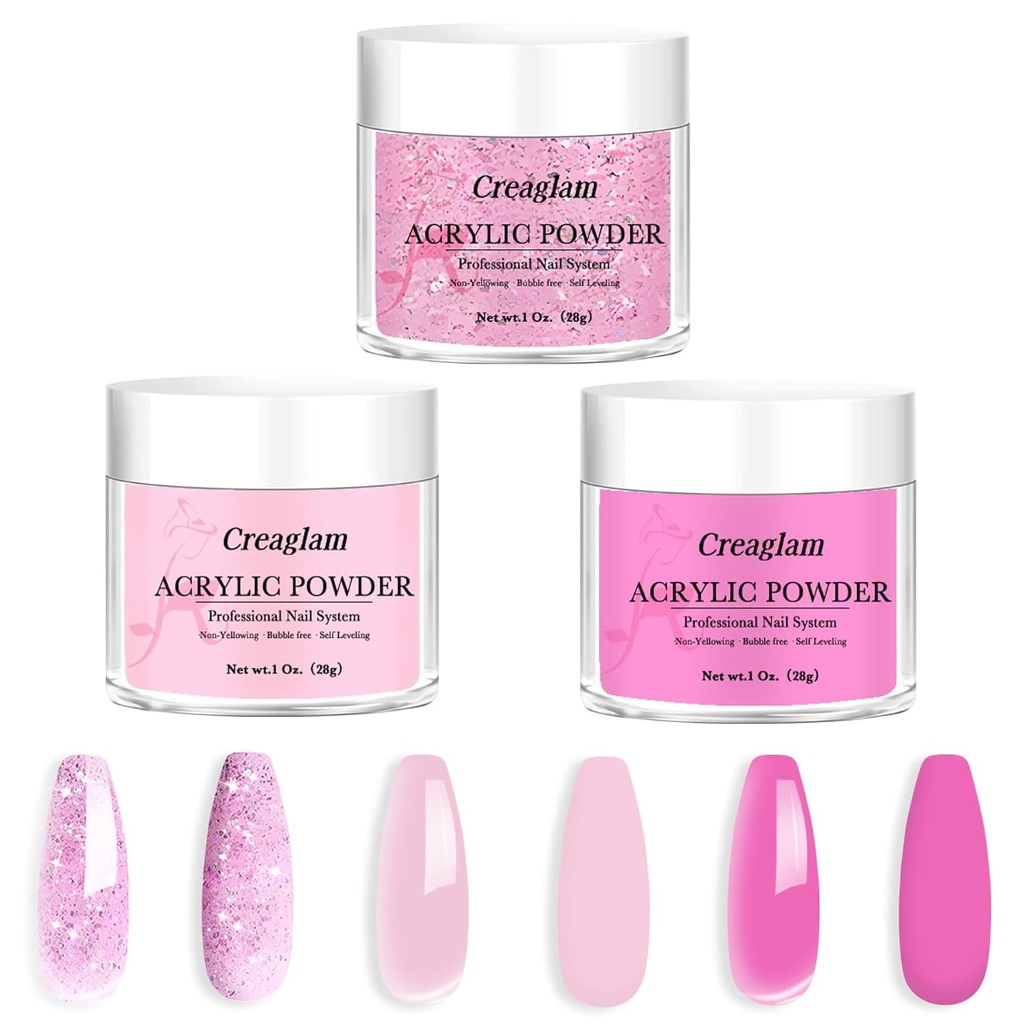 Acrylic Powder Large Capacity: 3Pcs 1 Oz. Orchid Glitter Super Nail Polymer for 3D Art Carving French Extension - 28g Pink-a-boo Phlox Pink Professional Acrylic Powder No Need Lamp