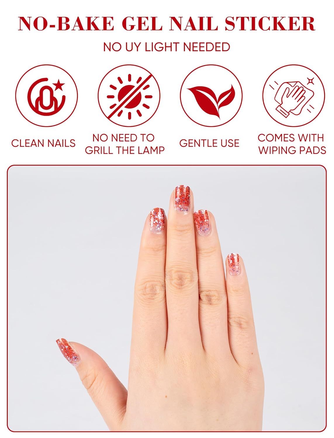 48 Pcs Semi Cured Gel Finger Nail Art Stickers Design Wraps No UV Light Needed Nail Polish Strips Kit for Women with Nail Files and 2 Nail Wiping Blocks (Red)(Red)