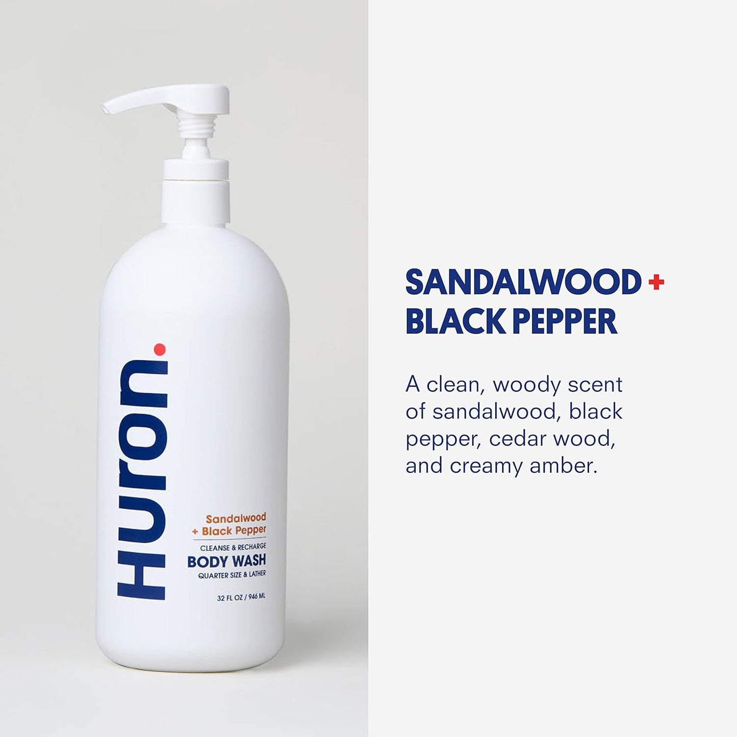 Huron Men’s Moisturizing Body Wash - Clean & Woody Scent of Sandalwood, Black Pepper, Cedarwood, & Amber - Made With Coconut Oil, Vitamin E & Witch Hazel - Vegan, Cruelty-Free - 30.3 fl oz