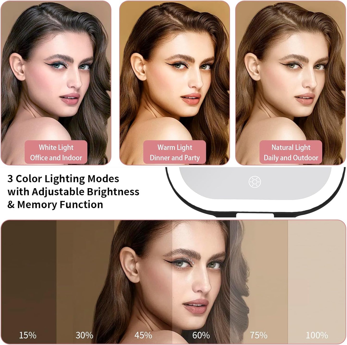 DESCHEN Rechargeable Travel Makeup Vanity Mirror with Lights and Magnification, Portable 1X/10X Magnifying Mirror with 3 Color Light, Lighted Makeup Mirror with Magnification (Black)