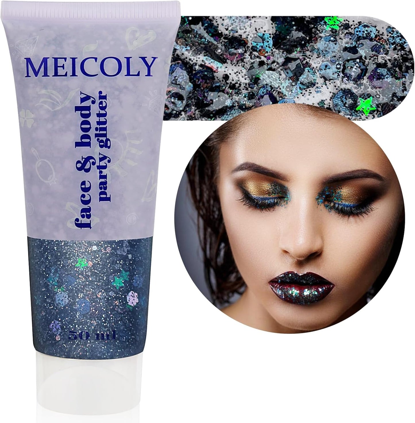 MEICOLY Black Glitter, Professional Body Paint, Mermaid Sequins Eye Glitter for Halloween Cosplay SFX Makeup, Chunky Face Gel for Women and Kids, 50ml