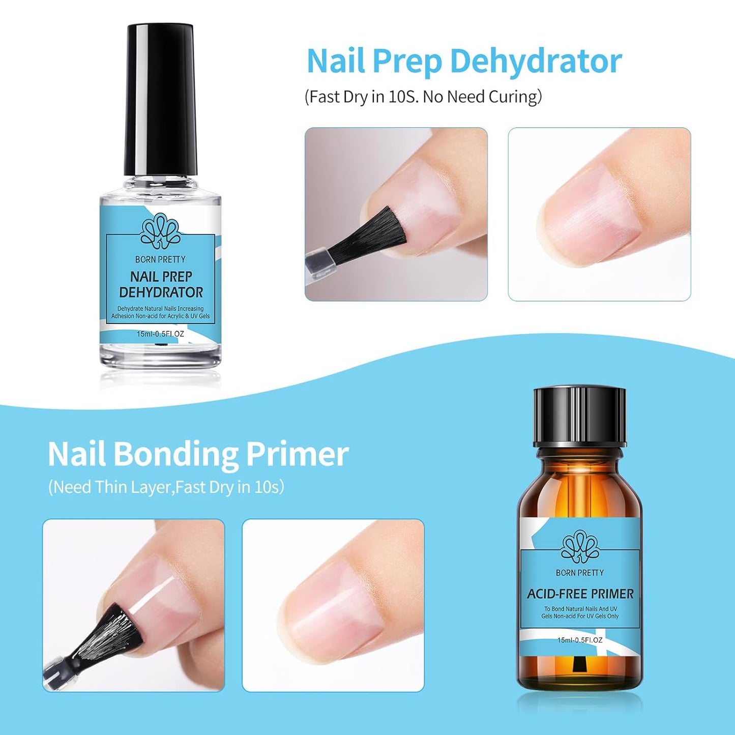 Born Pretty Nail Dehydrator and Primer, Nail Prep Dehydrator Acid Free Nail primer, Cuticle Oil for Nails, Base and Top Gel Coat Nail Supplies Functional Nail Set 5PCS