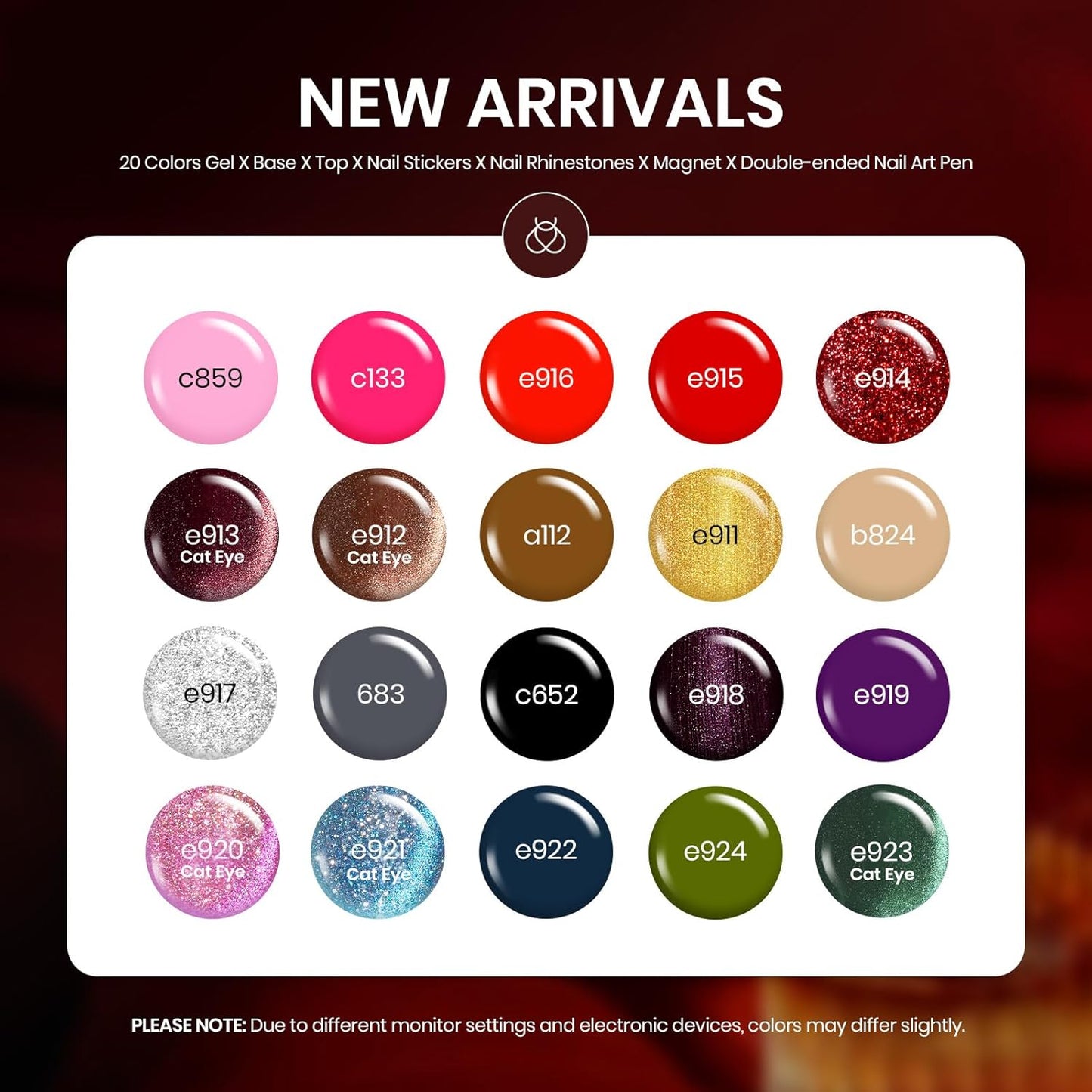 Beetles Fall Gel Polish Kit, Cat Eye Glitter 20 Colors Fall Brown Burgundy Gel Polish With Sticker Rhinestone Base Coat Glossy & Matte Top Coat Mob Wife Collection Winter Gifts for Women