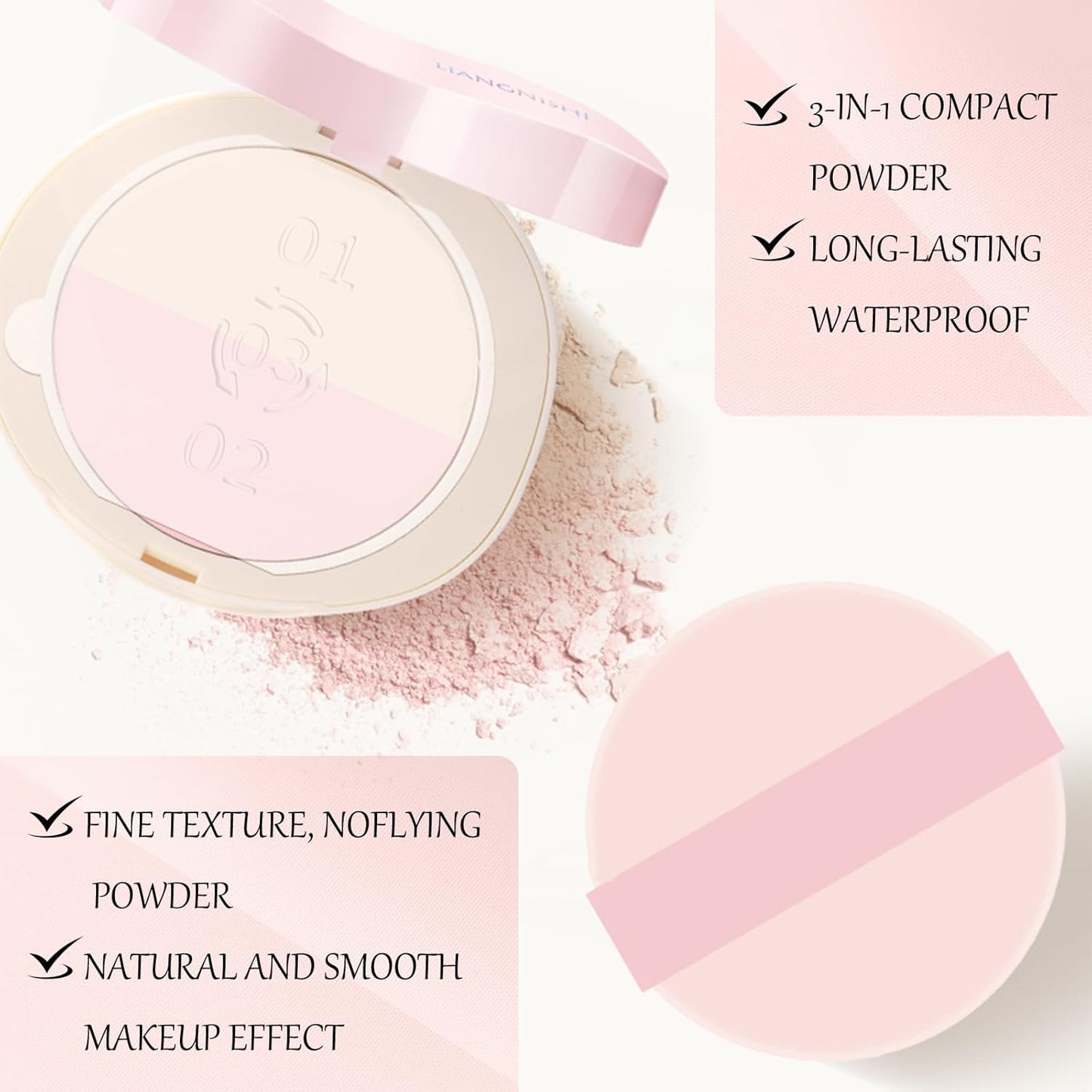 Pink Setting Powder, 3 in 1 Blush Palette with Puff, Highlighter Palette, Fine Texture Blush Pressed Powder, Setting Powder Makeup, Korea Makeup - Purple