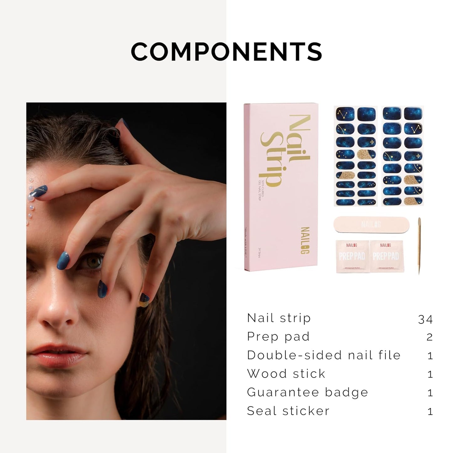 NAILOG Semi Cured Gel Nail Strips 34 pcs| Buy 2 Get 1 UV Lamp | Long Lasting Nail Polish Sticker Wraps with Glossy Gel Finish, Zodiac