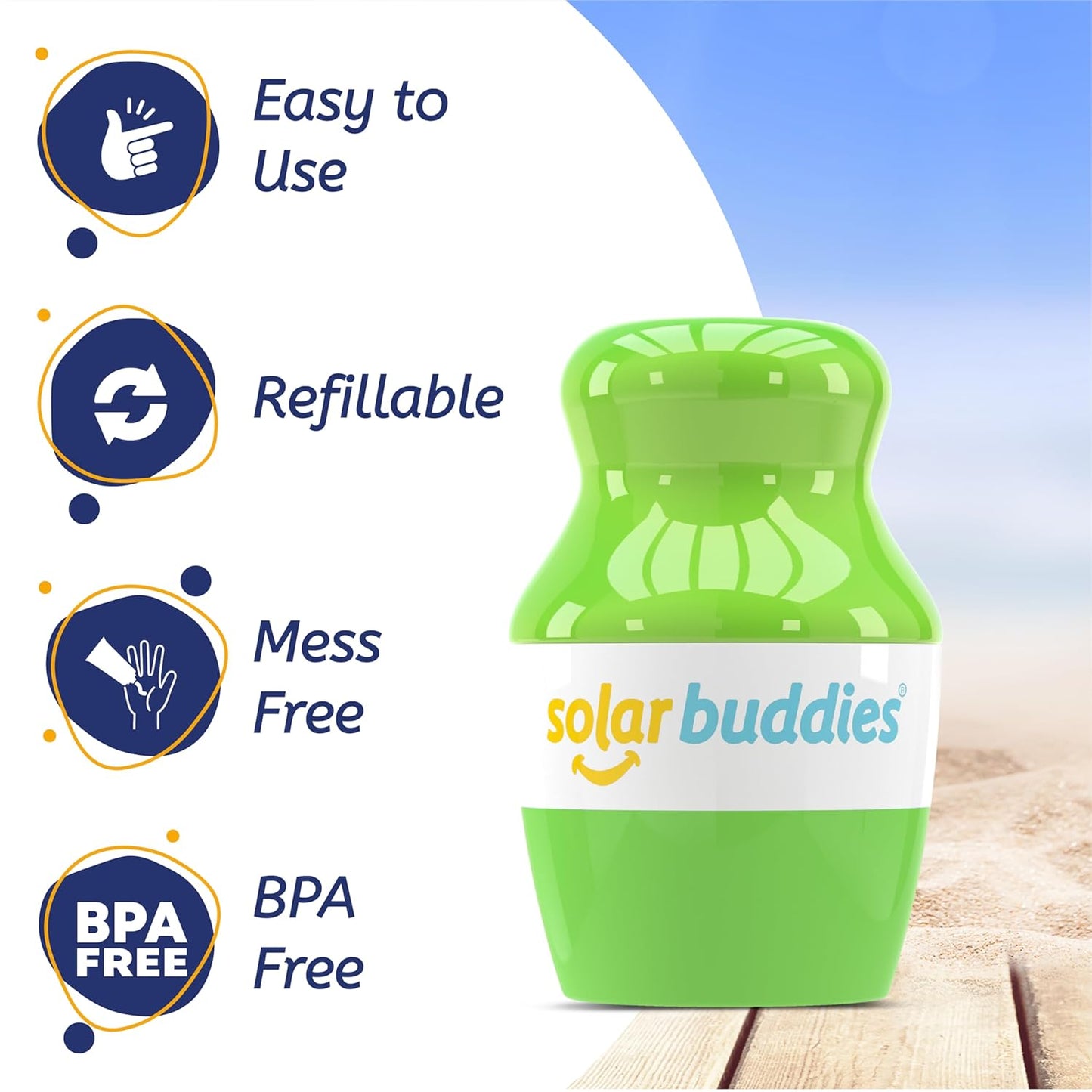 Solar Buddies Bag Bundle & Carabina Clip - Full Green - Refillable Roll on Sponge Sunscreen, Suncream & Lotion Applicator For Kids, Adults & Families - Holds 3.4fl oz, Perfect Size for Travel