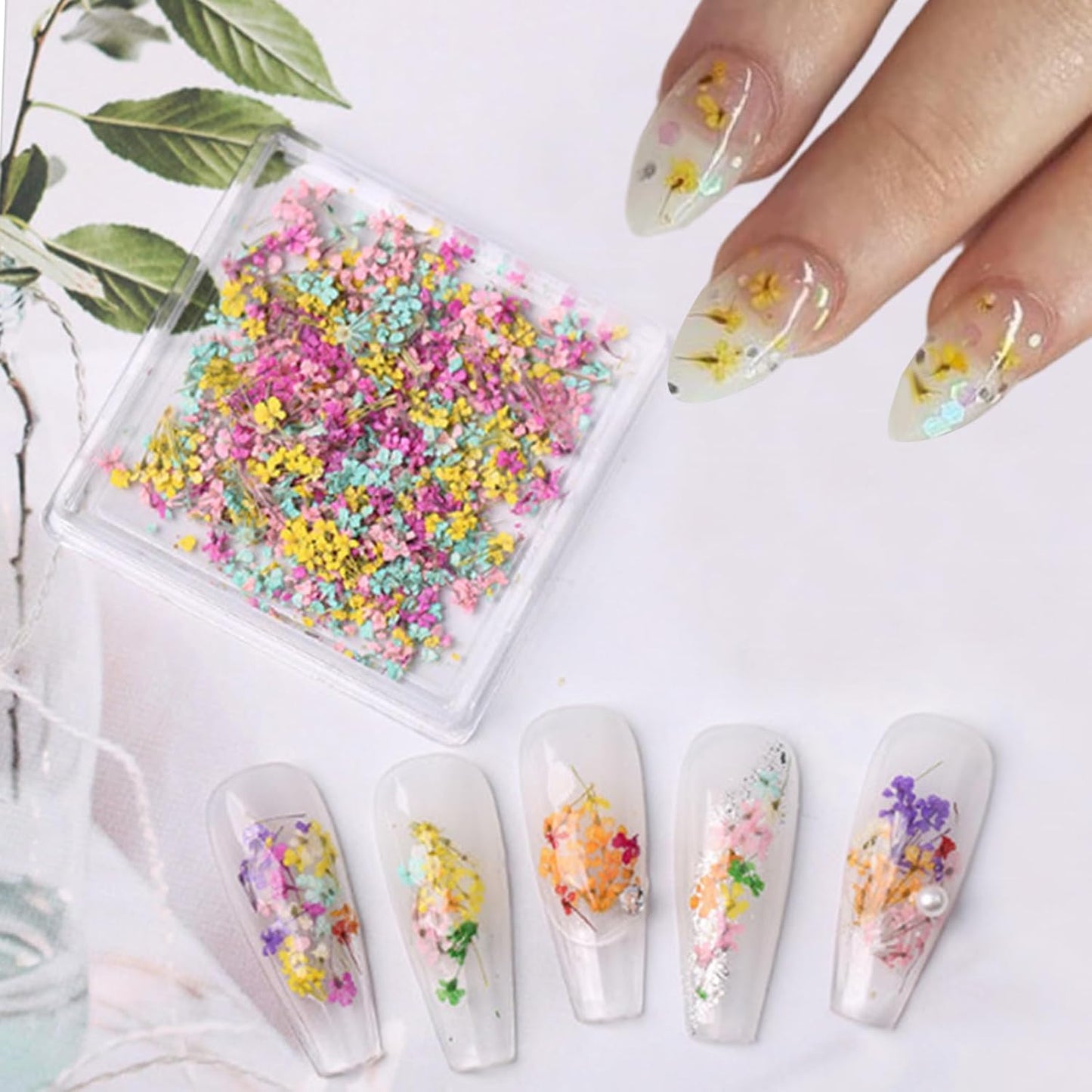 1 Box of Dried Flower Nail Stickers, Colored Dried Flower Nail Stickers, mini Real Flowers, Natural Flowers, 3D Baby's Breath Floral Art, Ladies and Girls DIY Nail Art Decoration