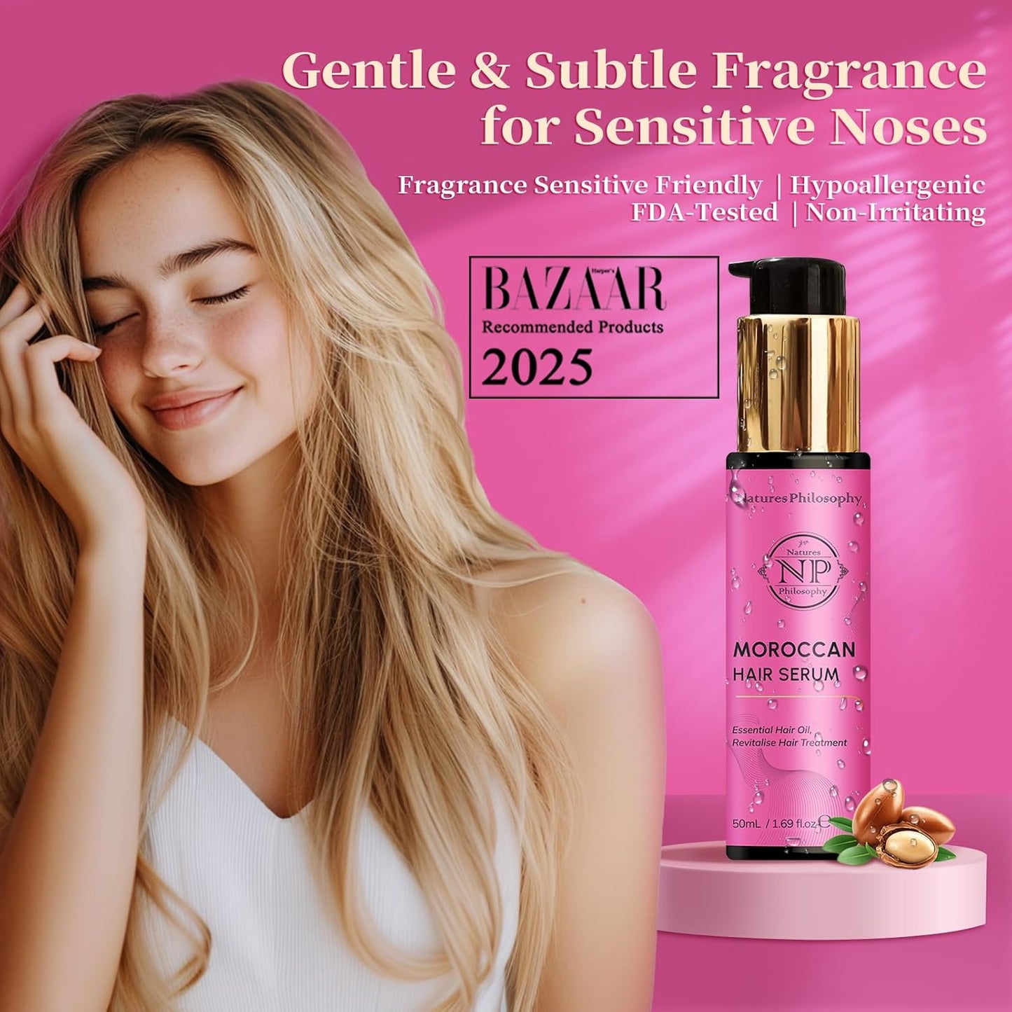 NP NATURES PHILOSOPHY Moroccan Argan Oil - Hair Serum Organic, Anti-Frizz, Repairs Damaged Hair, Adds Shine for All Hair Types Aussie Allergy-Free Moroccan Oil Hair Products 1.69 Fl oz