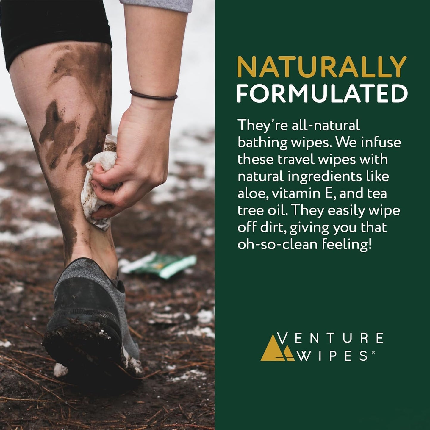 Venture Wipes Tea Tree Oil Body Wipes - Adventure Wipes for Adults - Biodegradable Cleansing With Aloe and Vitamin E - Camping Essentials - Individually Wrapped - 25 Count Bag