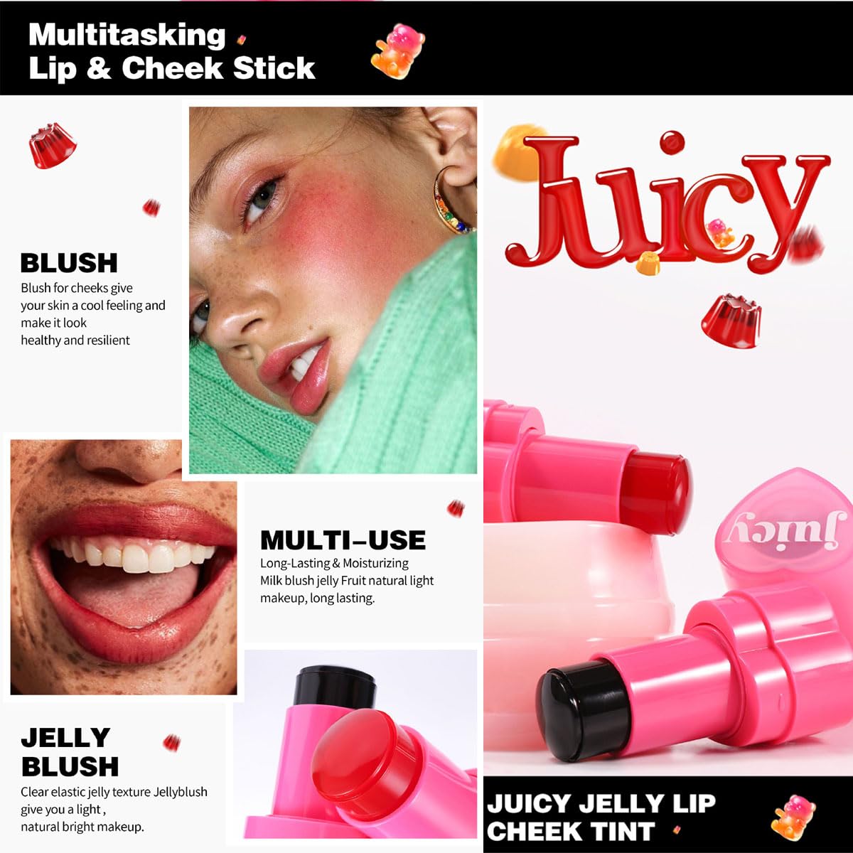 Cooling Water Jelly Tint Stick，Multi-Use Juicy Love Blush, 3-In-1cheek Blush & Eyeshadow & Lip Tinted Long-Lasting Moisture Stick，Bouncy Jelly Texture，Creates A Moist Watercolor Effect (#02, 0.32oz)