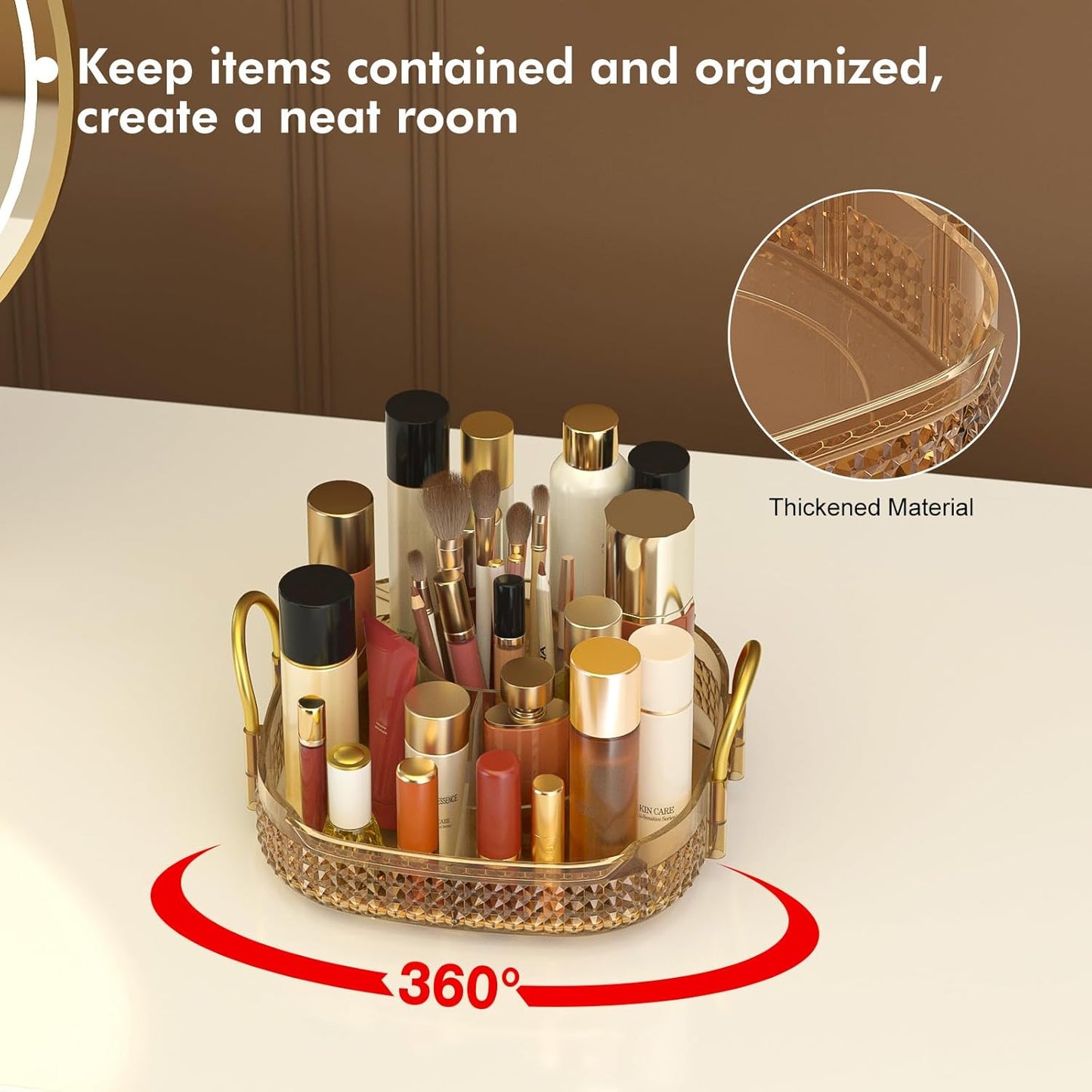 Awenia Rotating Makeup Organizer 360, Stackable Adjustable Large Capacity Cosmetic Storage Unit,Dresser Bathroom Kitchen Countertop Organizer with Metal Handle, Plus Size (Honorable Gold, 1 Tier)