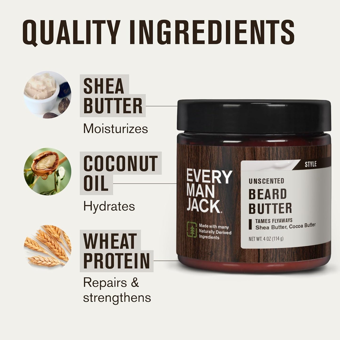 Every Man Jack Unscented Beard Butter - Fragrance Free for Sensitive Skin - Rejuvenates, Hydrates, and Styles Dry, Unruly Beards - Naturally Derived with Shea Butter and Coconut Oil - 4oz (2 Pack)