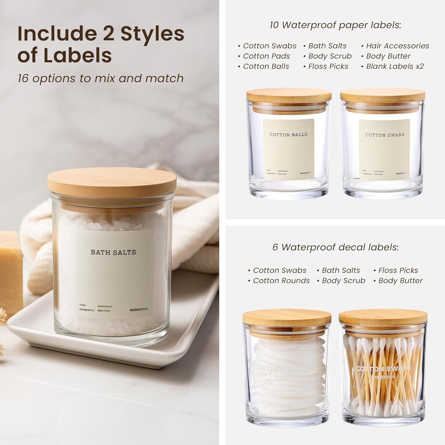 MaisoNovo Qtip Holder Bathroom Set – Airtight Q tip and Cotton Round Holder with Lid to Store Cotton Rounds, Swabs, Floss Picks, Hair Ties with Free Labels Pack - 2 Clear Jars with Bamboo Lids