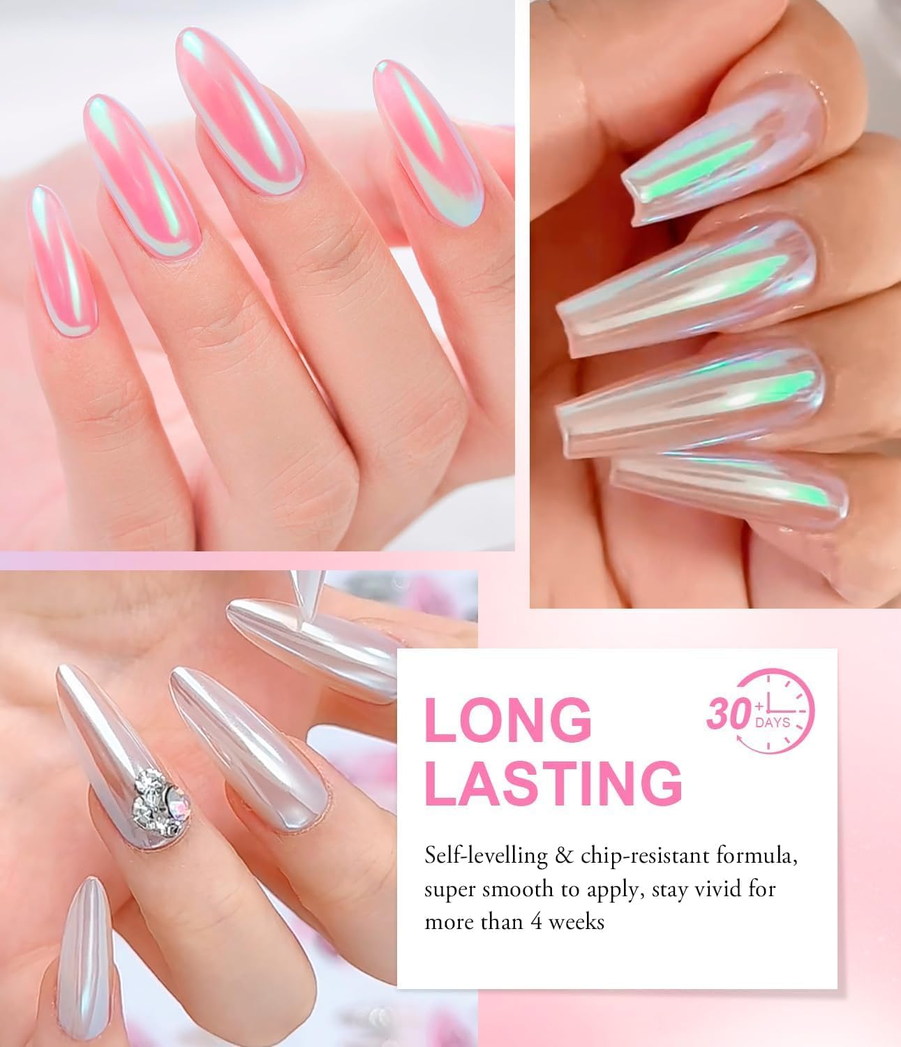 4pcs Chrome Nail Powder: Upgrade Silver Mermaid Effect White Chrome Nail Powder,Iridescent Aurora Holographic Nail powder Kit for DIY Nail Art Decorations(Laser,Green)