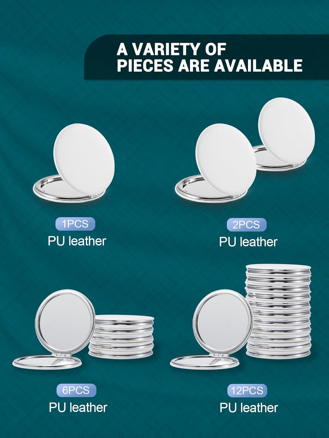 Compact Mirror Bulk, Set of 12 Round Double-Sided 1X/3X Magnification PU Leather (White, 2.8")