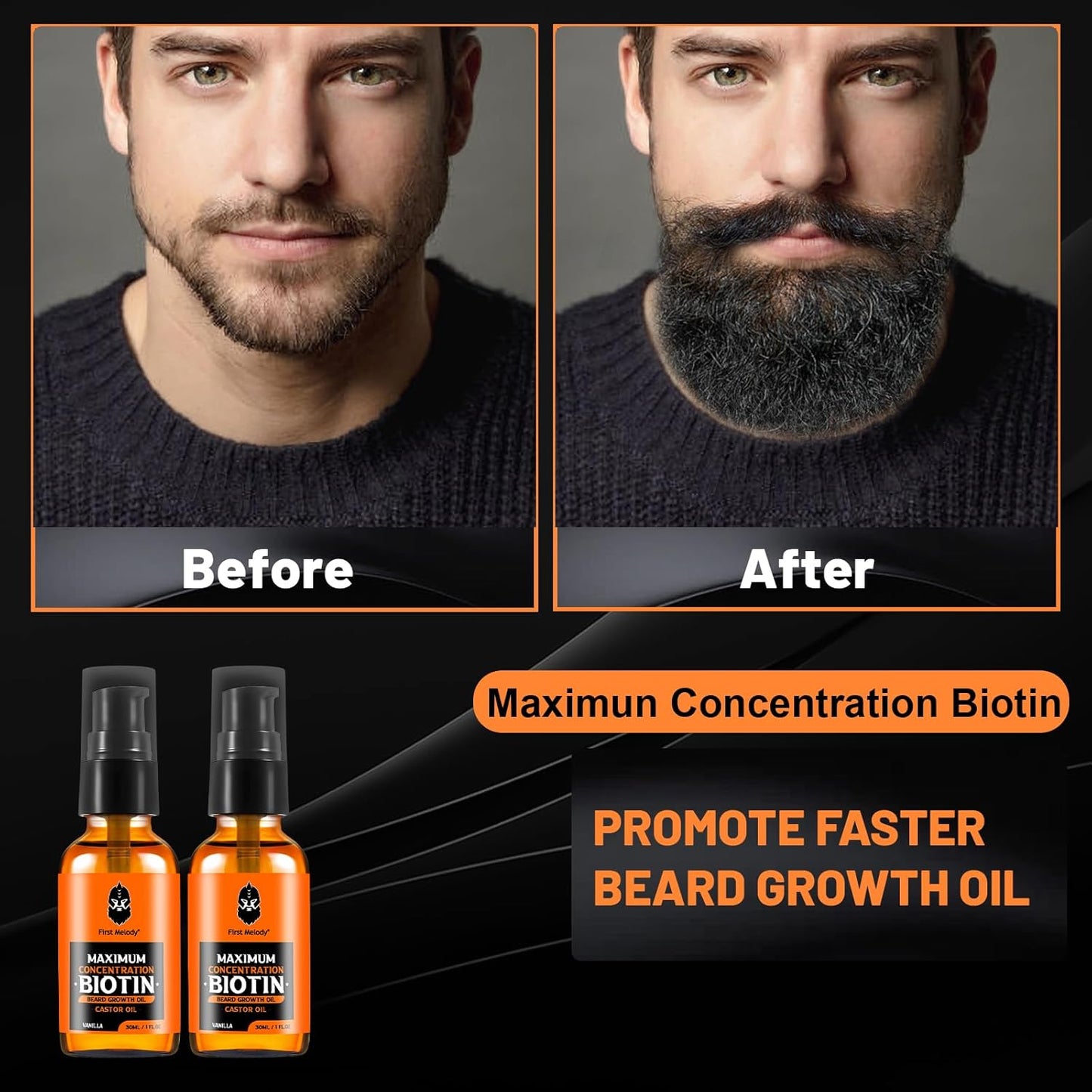 Beard Oil,Maximun Thickening Biotin, with Castor Oil and Argan & Jojoba Oils, Promotes Beard Growth, Styles, Strengthens & Softens Beards & Mustaches,1 Ounce*2（2 Pack）