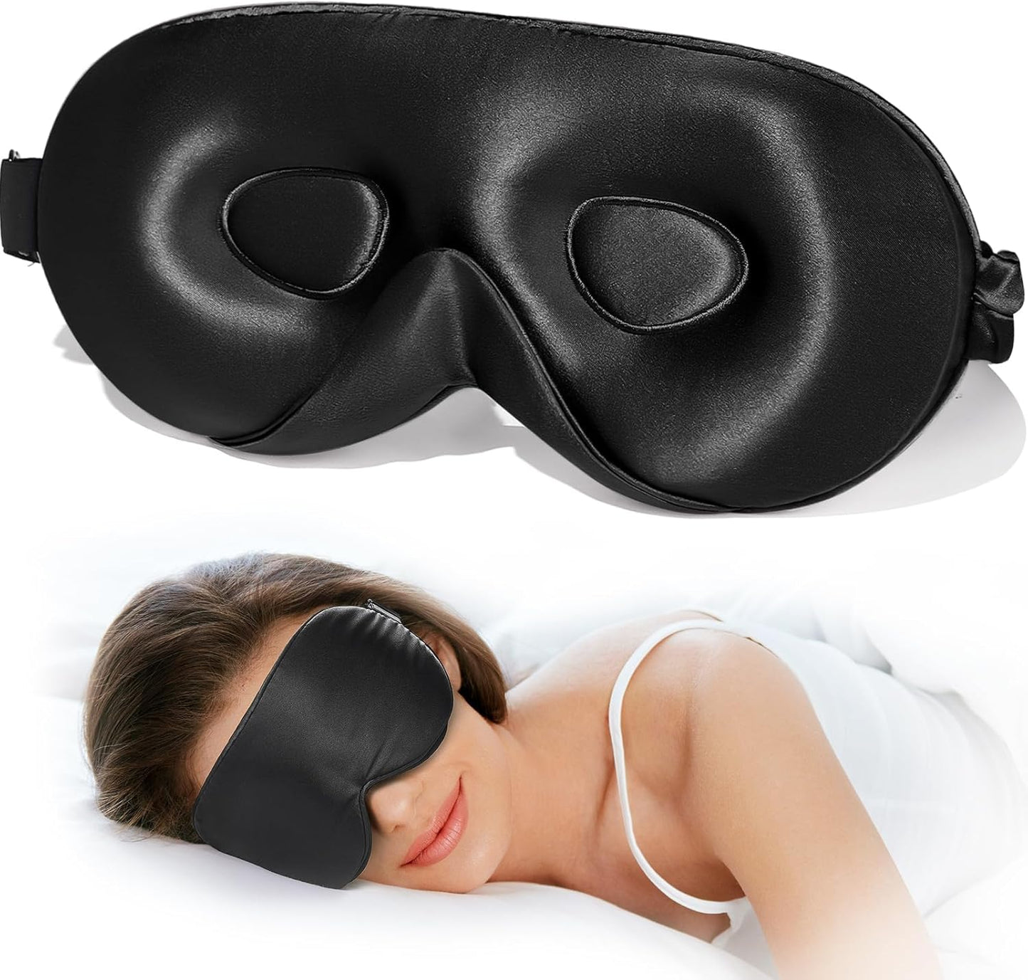 LitBear 100% 22 Momme Mulberry Silk Sleep Mask - 3D Contoured Eye Mask for Men & Women, Soft Breathable Sleeping Mask with Adjustable Strap, Perfect Blocks Light for Sleeping (Black)