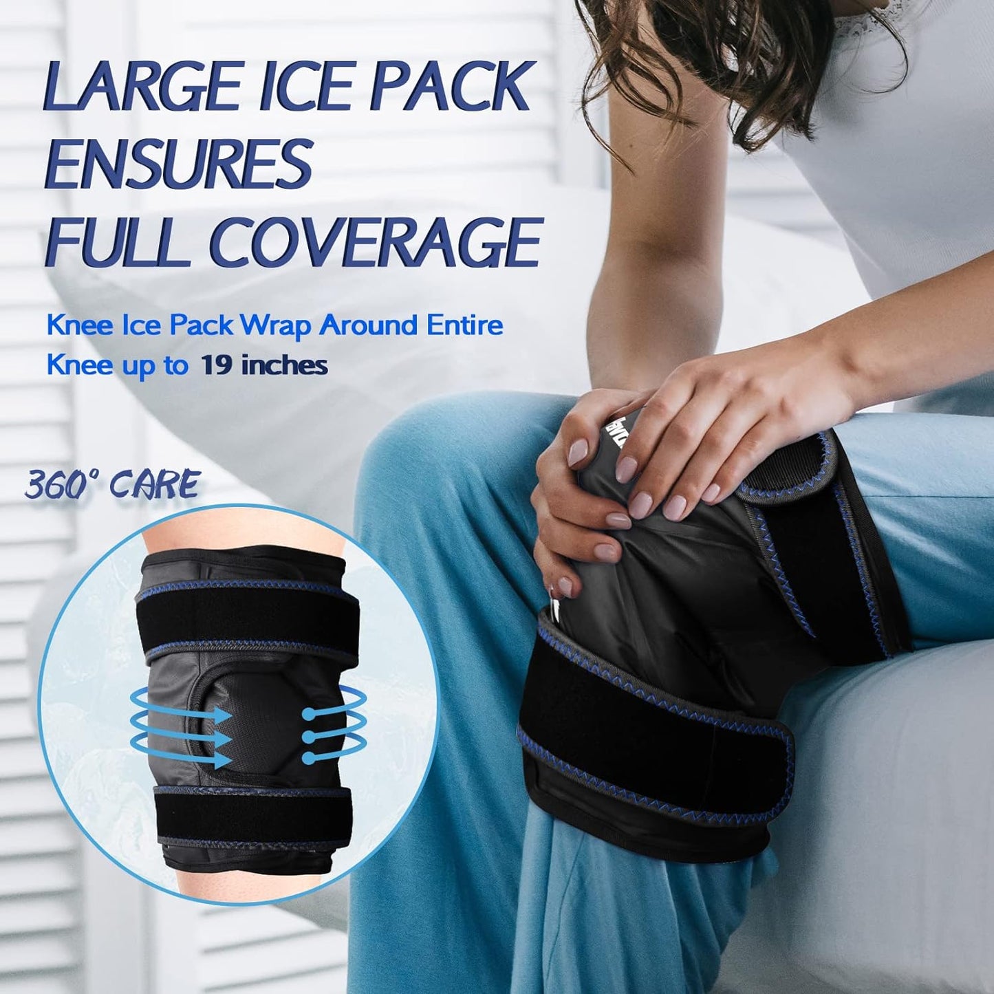 XXL Knee Wrap Around Entire Knee After Surgery, Reusable Gel Ice Pack for Knee Injuries, Large Ice Pack for Pain Relief, Swelling, Sports Injuries, 1 Pack (Black)