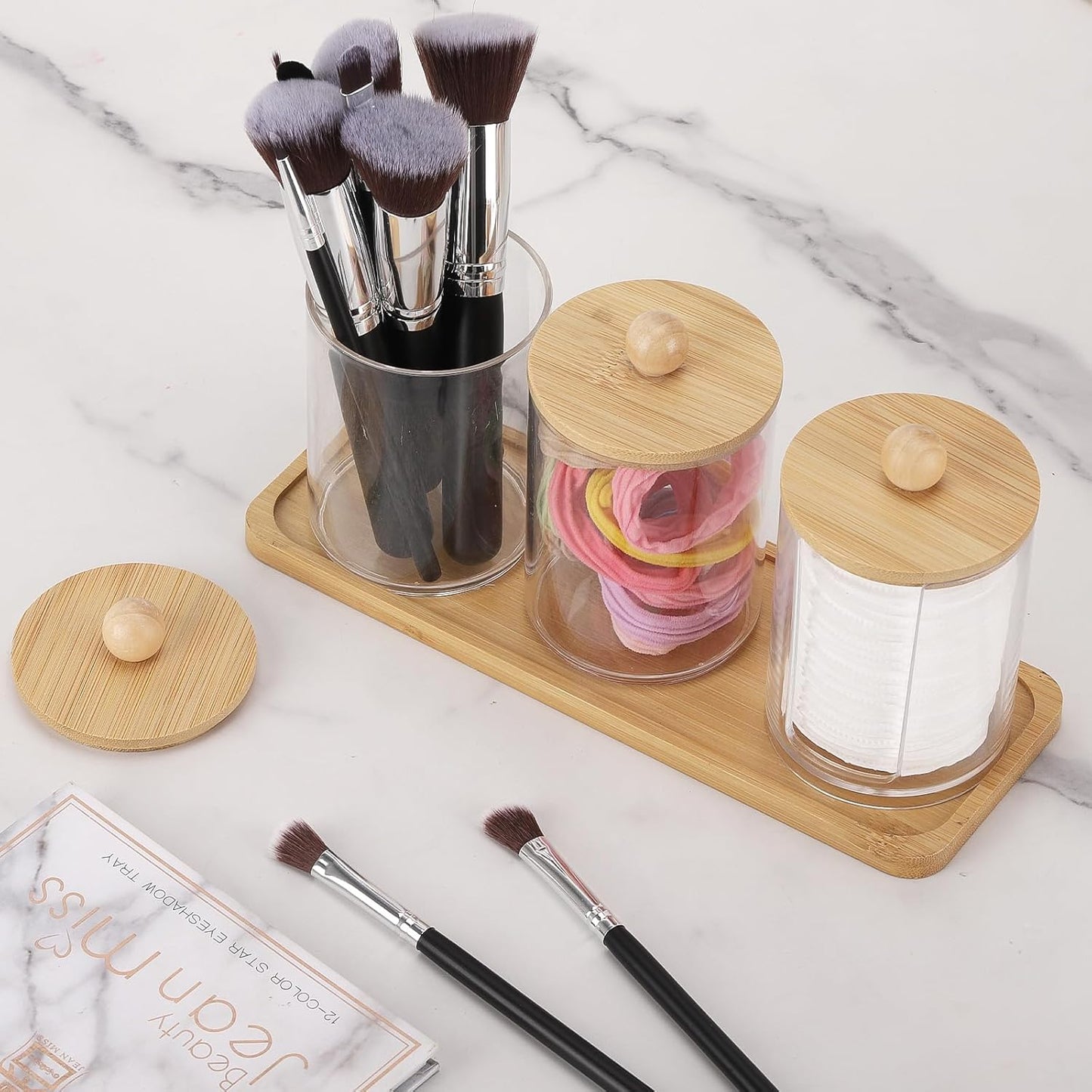 Tbestmax 10 oz Qtip Holder with Vanity Tray, 3 Pack Cotton Swab/Ball/Pad Dispenser Apothecary Jar, Clear Bathroom Containers Dispenser for Storage Bamboo Lids