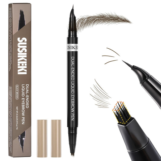 Dual-Ended Microblading Eyebrow Pencil for Women, 2 in 1 Liquid Eyebrow Pencil with Curved Tip and 4D Brow-Fection Microblading Pen, Shaped Fill HairLike Waterproof Lasting Eyebrows 04 Black Brown