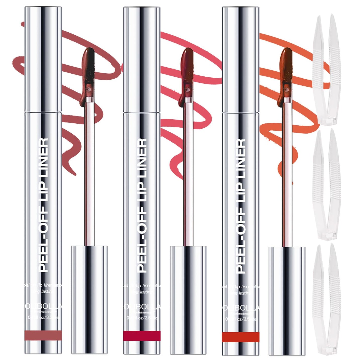 3 Colors Peel Off Lip Liner Stain with Tweezer, Long Lasting Waterproof Lip Tint Stains Makeup Set with Matte Finish for Women, Natural Look, Easy to Use, for All Skin Types (#3,6,7)