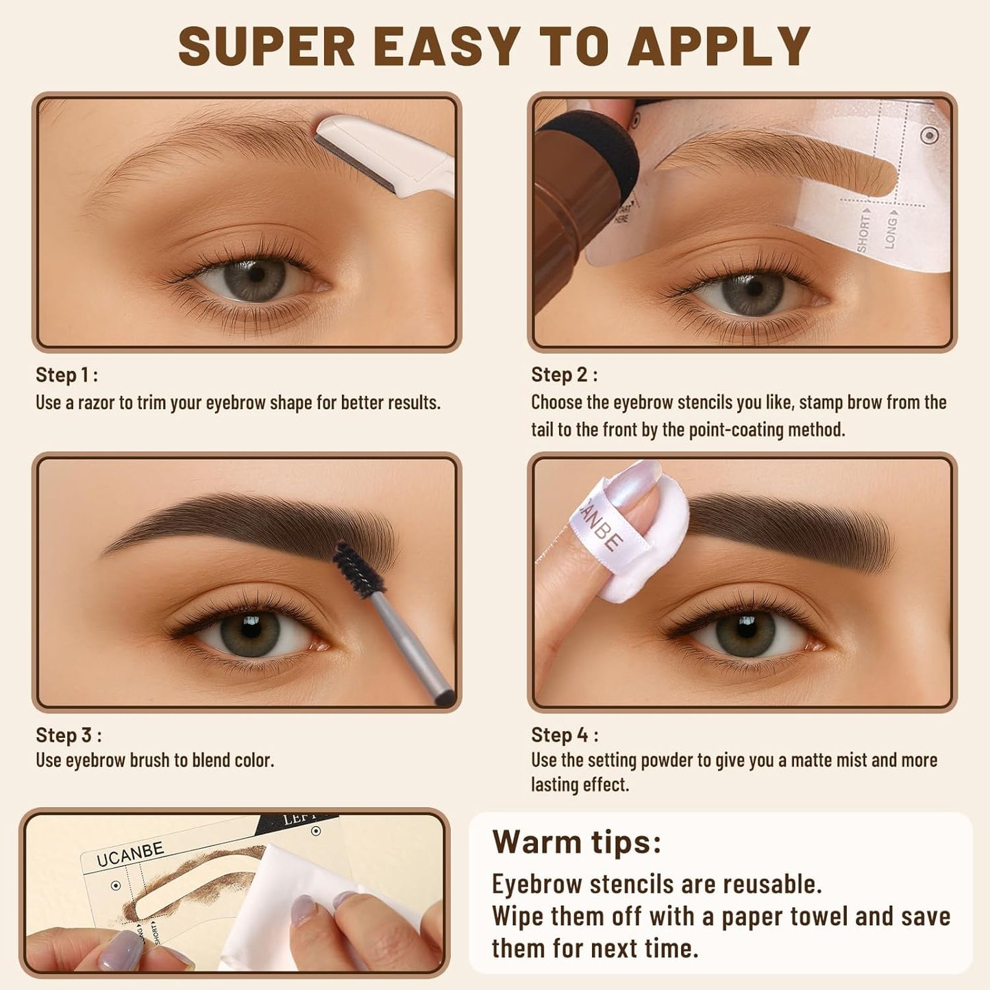 UCANBE 25PCS Eyebrow Stamp Stencil Kit With Dual-Color Eyebrow Stamp Pomade,20 Reusable Eyebrow Stencils,Finising Powder,Brush,Eyebrow Razor,Zipper Pouch,Waterproof Eye Brow Stamping and Shaping Kit04