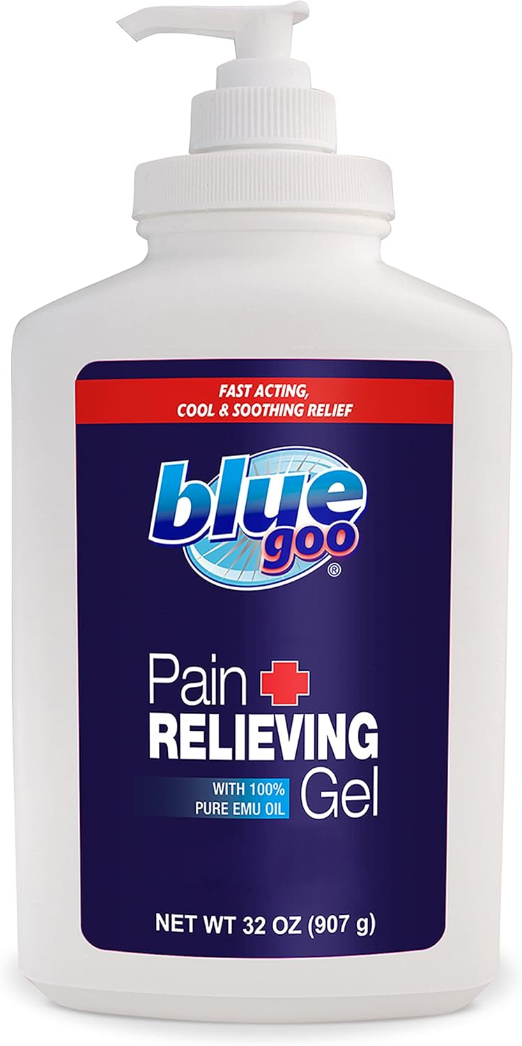 Blue Goo Pain Relieving Gel – Fast-Acting Cooling Relief for Back, Neck and Joint Discomfort, Soothes Headache, Leg and Foot Pain, Made with 100% Pure Emu Oil – 32 oz (1 Pack)