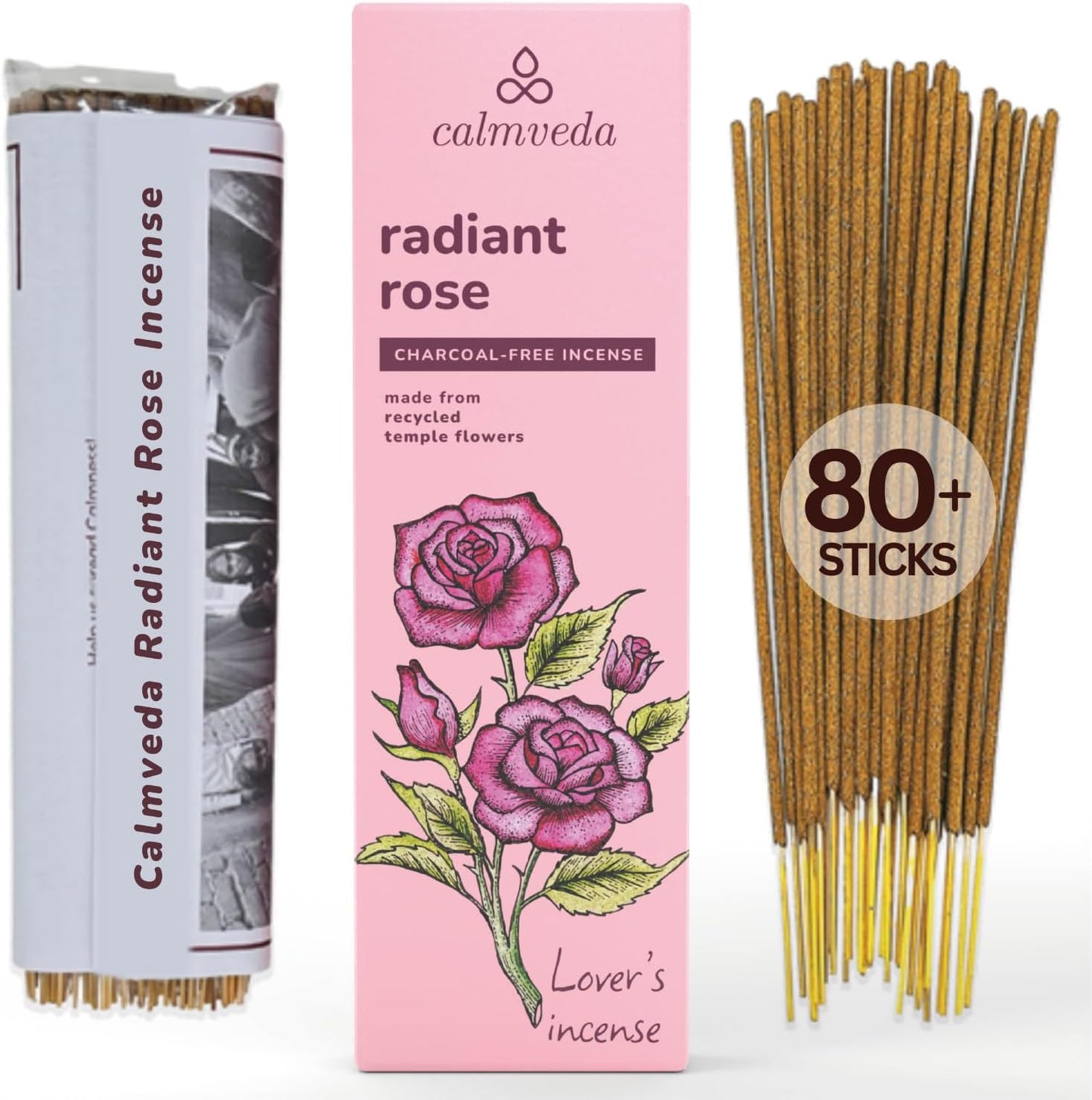 Rose Incense Sticks, 80 Sticks - Charcoal Free, Handmade by Indian Artisans, Perfect Housewarming Gift, Promotes Love & Care