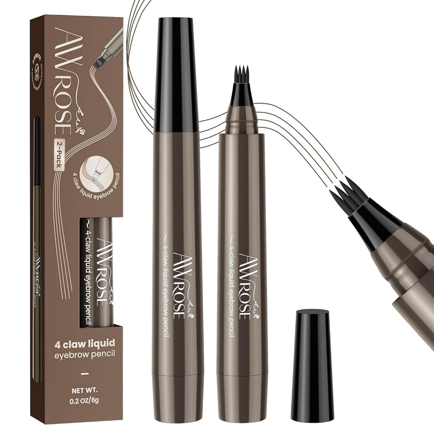 AWROSE Eyebrow Pencil, 2 Pack 3D Waterproof Microblading Eyebrow Pen 4 Fork Tip Tattoo Pencil, Precise Natural Magic Eye Brow Pen with Hair Like Strokes, 4 Points Multi-Used Eye Brow Pencils for Women