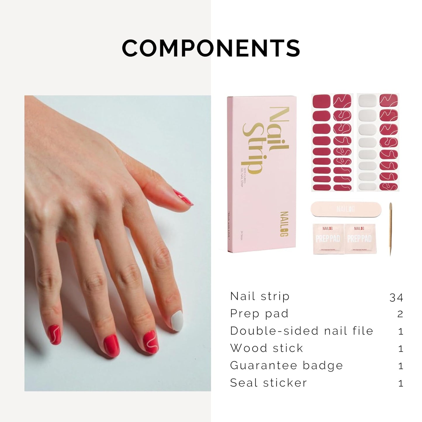 Nailog Semi Cured Gel Nail Strips 34 pcs | Buy 2 Get 1 UV Lamp | Long Lasting Nail Polish Sticker Wraps with Glossy Gel Finish (Red Dune)