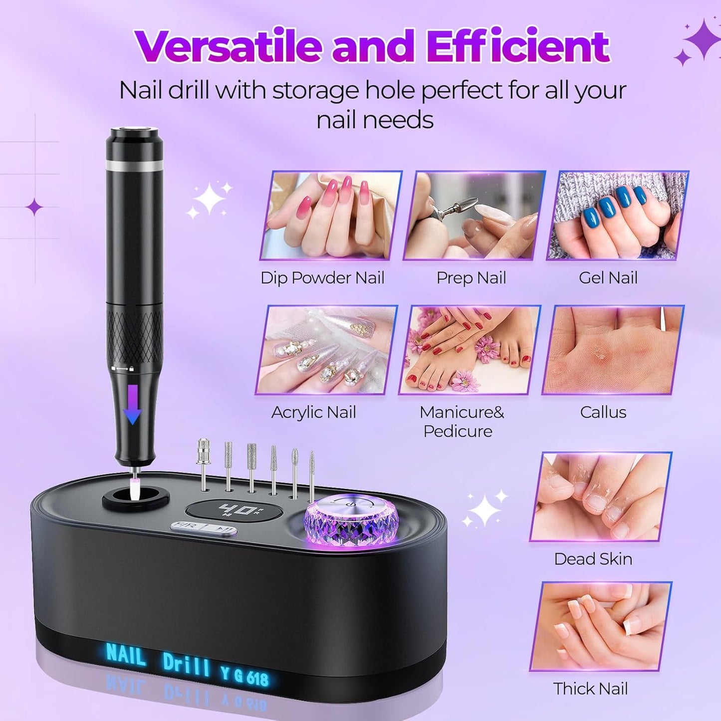 Nail Drill Electric File: 40000RPM Professional E File Kit E File Machine Filer for Shaping, Buffing, Removing Acrylic Gel Nails, Manicure Pedicure Kit with 12Pcs Nail Bits, Home Salon Use