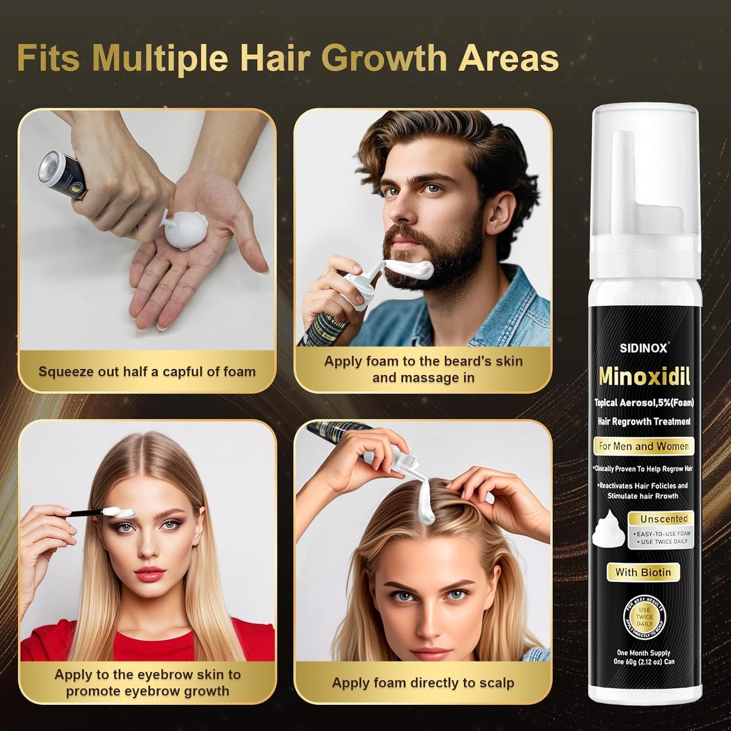 5% Minoxidil Foam for Men & Women - Hair Growth Treatment with Biotin, Non-Greasy Fast Absorbing Foam for Thinning Hair, Regrow Fuller Thicker Hair & Beard, 3 Month Supply (3 x 2.12 oz)