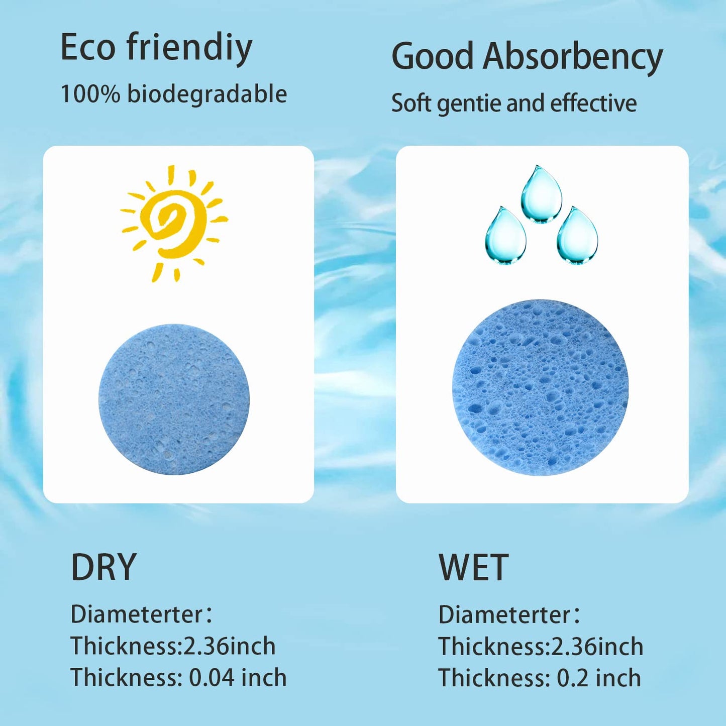 100-Count Facial Sponges Compressed Natural Cellulose Sponge Round Shape Face Sponge for Face Cleansing Exfoliating and Makeup Removal, Blue