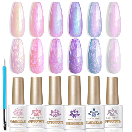 Born Pretty Pearl Gel Nail Polish, 6 Colors Pearl Pink White Purple Shimmer Mermaid Gel Polish Nail Drawing Glitter Polish Soak Off Led Swirl Shell Thread Effect DIY Manicure Gift for Women