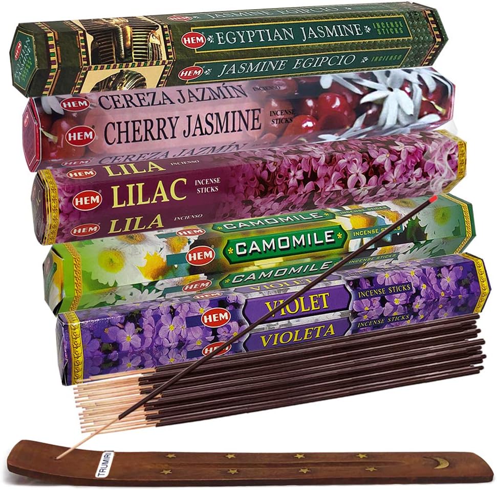 TRUMIRI Incense Sticks Variety Pack #13: 5 Fragrances (Egyptian Jasmine, Cherry Jasmine, Lilac, Camomile, Violet) - 100 Sticks (20 of Each) with Holder