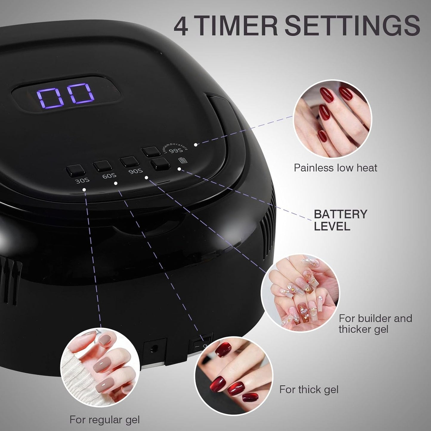 Cordless UV LED Nail Lamp 60W Rechargeable Gel Nail Lamp UV Light for Gel Nails with Auto Sensor & 4 Timer Modes Salon & Home (Black)