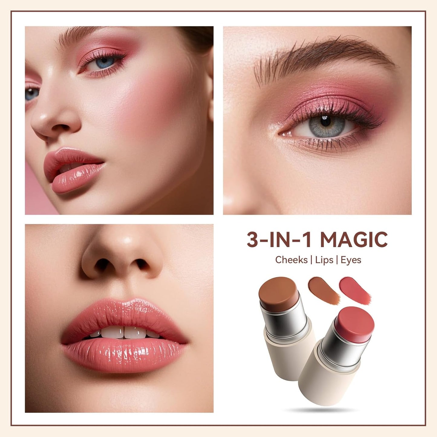 MAANGE Multi-Use Blush Stick, All-in-One Cream Blush for Cheeks, Eyes & Lips Long-Wearing, Blendable Makeup Blush Stick, Creamy & Buildable (O102+R301)