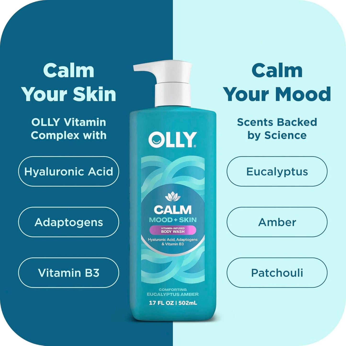 OLLY Calm Body Wash with Hyaluronic Acid, Adaptogens & Vitamin B3– Nourishing Cleanser for Skin Barrier Repair, Deep Hydration, Eucalyptus Amber Scent, 17oz