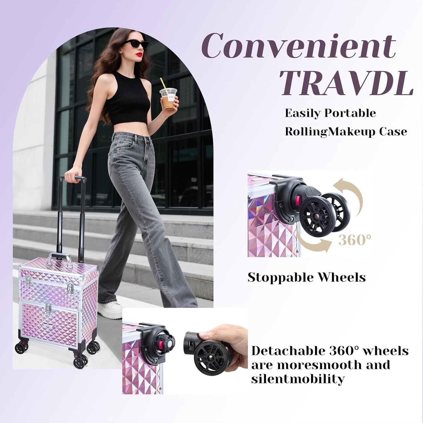 Adazzo Professional Rolling Makeup Case with Drawer for Makeup Artists Cosmetic Train Case Large Storage Case for Nail Technicians Cosmetology Case with Detachable Bag for Hairstylist Pink