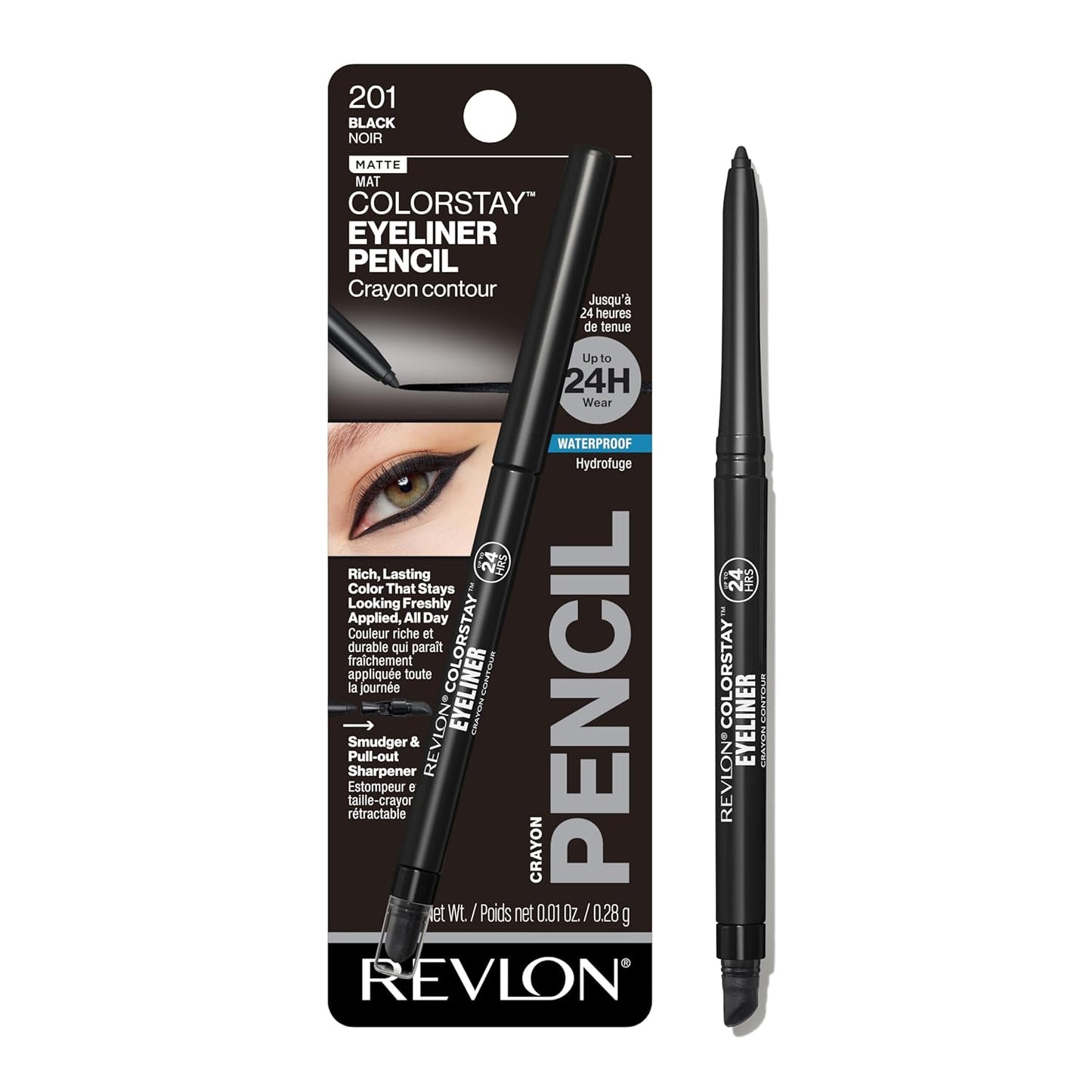 Revlon ColorStay Pencil Waterproof Eyeliner, Smudge-Proof, Eye Makeup with Built-In Sharpener, 201 Black, 0.01 oz