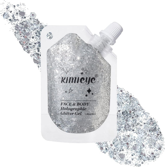Holographic Face Glitter Gel Body Shimmer Makeup for for Hair, Face, Clavicle, Arm, Nail, Eyeshadow, Long Lasting Waterproof Mermaid Sequins Party Glitter for Rave Festival, 1.35oz (Pure Silver #10)