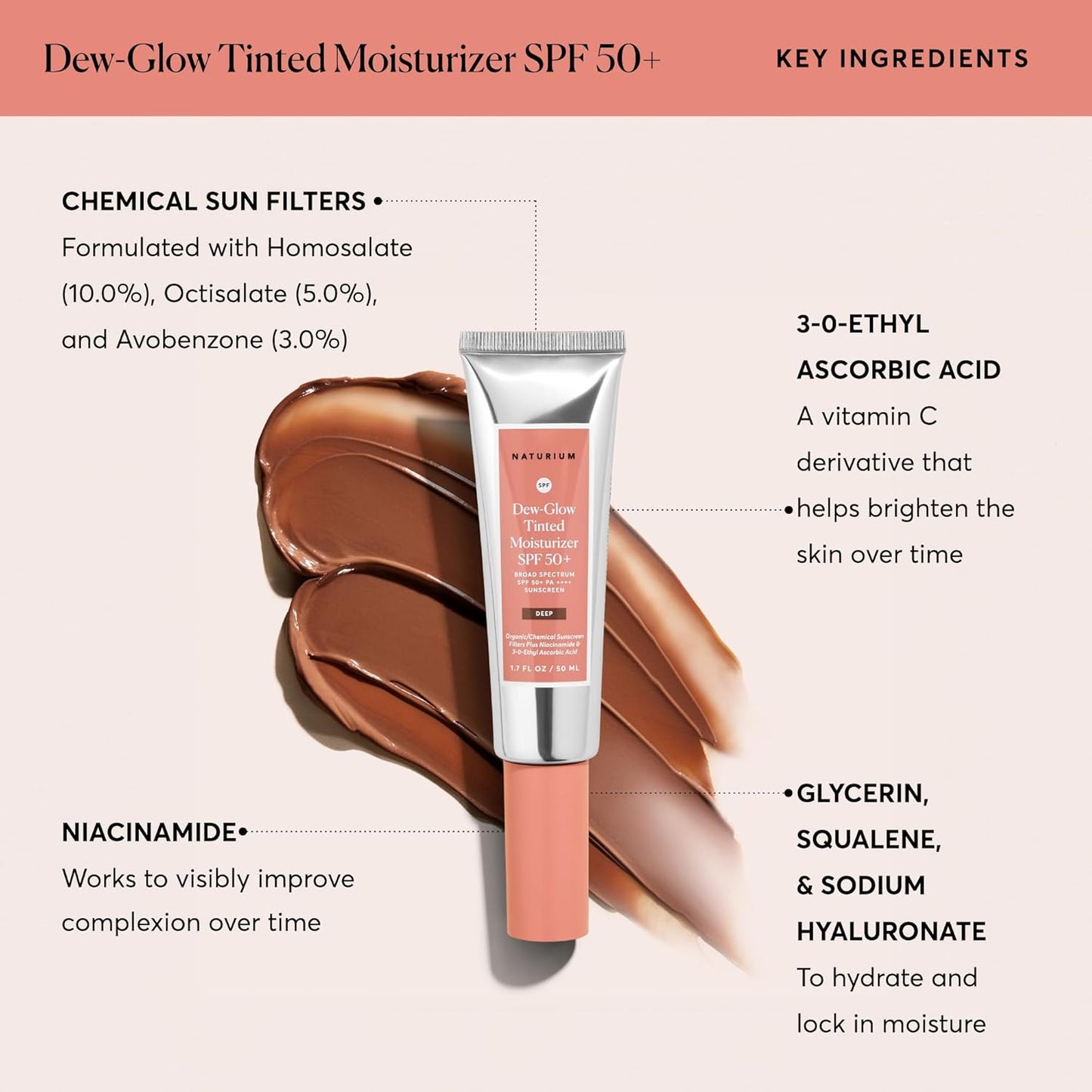 Naturium Dew-Glow Tinted Moisturizer SPF 50+ Deep, Daily Moisturizing Sunscreen & Face Primer Face Primer with Tint, Skin Protector with Dewy Finish, 1.7 oz