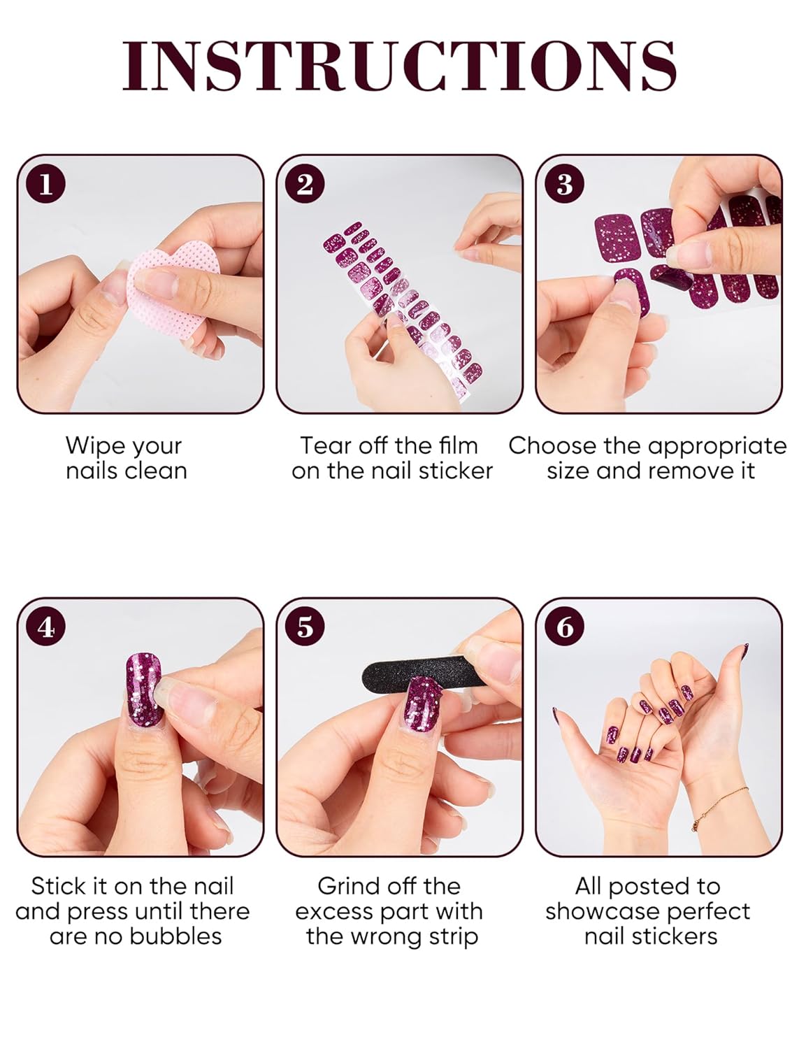 48 Pcs Semi Cured Gel Nail Polish Strips for Women, Self-Adhesive No UV Light Needed Glitter Nail Design Stickers for Nail Art Wraps (Purple)(Purple)