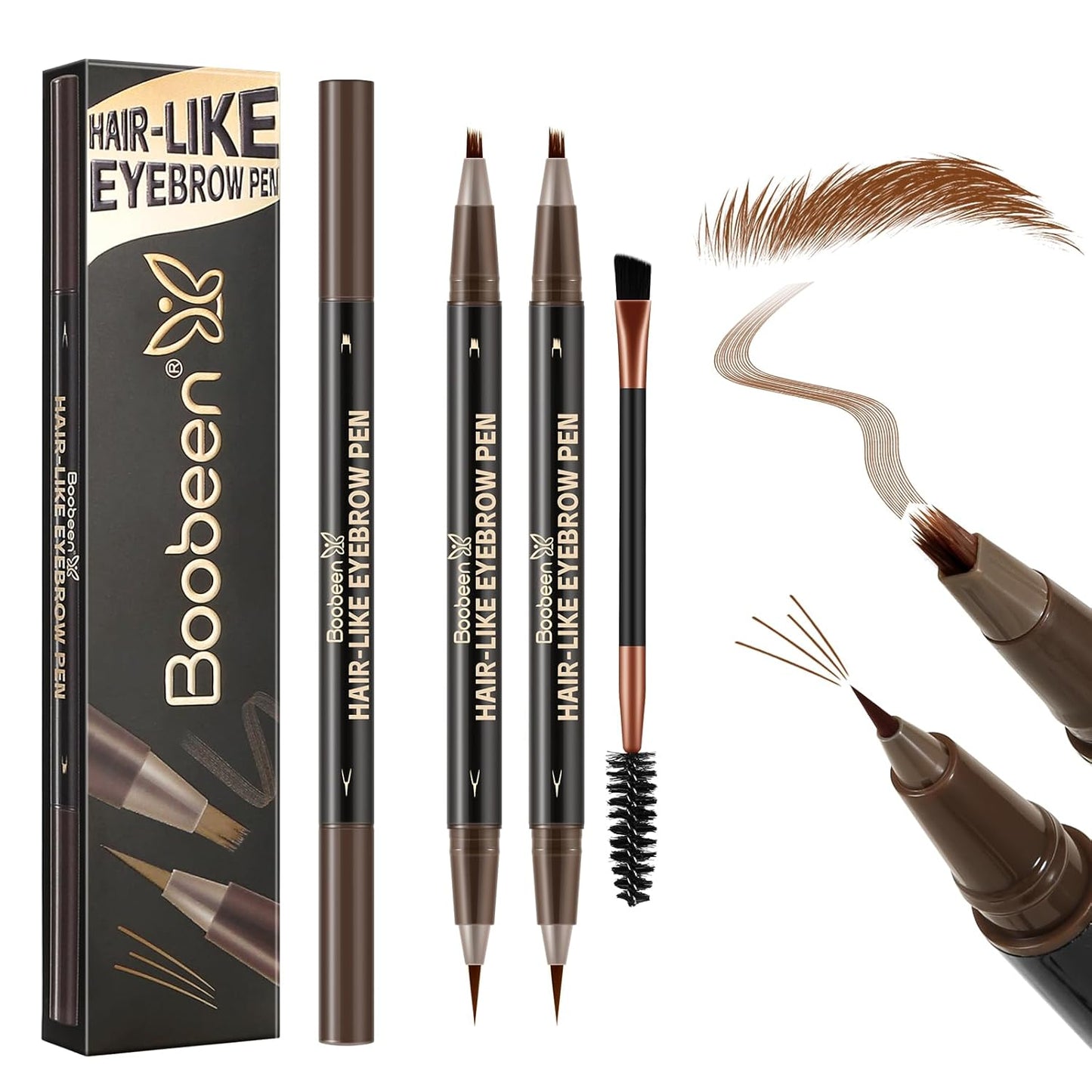 Boobeen 2pcs Waterproof Eyebrow Pen，Dual-Ended Eyeliner Microblading Eyebrow Pencil for Women，Long Lasting Hair-Like Brow Pen with Brow Brush，Dark Brown