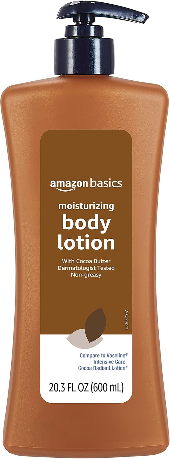 Amazon Basics Moisturizing Cocoa Butter Body Lotion for Dry Skin, Non-Greasy, Paraben Free, Lightly Scented, 20.3 Fl Oz, Pack of 4