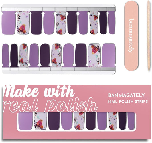 Nail Polish Strips, 20Pcs Salon Quality Gel Nail Stickers, Easy Long Lasting Wraps for Short Nails no UV Light Needed (Purple Bird & Flower)